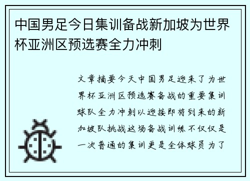 中国男足今日集训备战新加坡为世界杯亚洲区预选赛全力冲刺