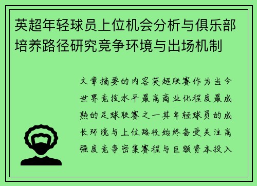 英超年轻球员上位机会分析与俱乐部培养路径研究竞争环境与出场机制